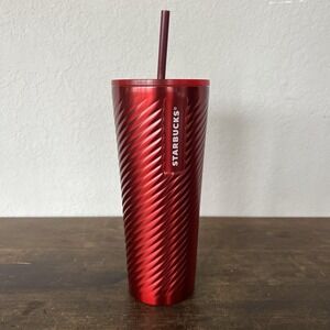 Starbucks '22 Red Swirl Metallic Stainless Steel Cold Cup Tumbler 24oz Christmas